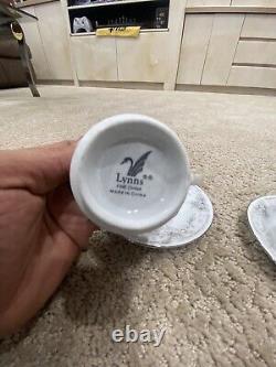 Lynns Fine China Flower Print Cup and Saucer Set (Set of 12) Silver / White
