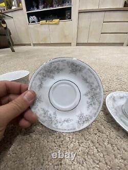 Lynns Fine China Flower Print Cup and Saucer Set (Set of 12) Silver / White