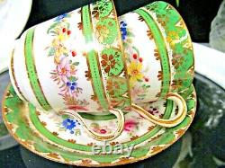 MINTONS tea cup and saucer 1840's gold BEADS pink rose teacup green band trio