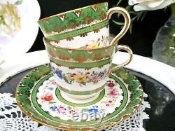 MINTONS tea cup and saucer 1840's gold BEADS pink rose teacup green band trio