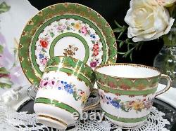 MINTONS tea cup and saucer 1840's gold BEADS pink rose teacup green band trio