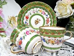 MINTONS tea cup and saucer 1840's gold BEADS pink rose teacup green band trio