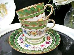 MINTONS tea cup and saucer 1840's gold BEADS pink rose teacup green band trio