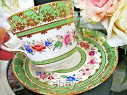 MINTONS tea cup and saucer 1840's gold BEADS pink rose teacup green band trio