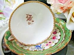 MINTONS tea cup and saucer 1840's gold BEADS pink rose teacup green band trio