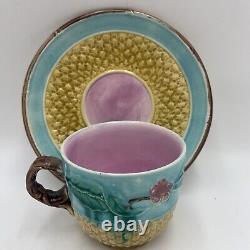Majolica Tea Cup & Saucer Birds & Flowers Basketweave Antique c. 1800s #1 Rare