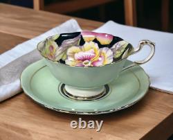 Mint Green Paragon Pansies Pansy Teacup Saucer Double Warrant Flowers Gold Trim