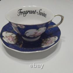 Miss Havisham's Blue Floral Fragrant Swine Insult Tea Cup & Saucer