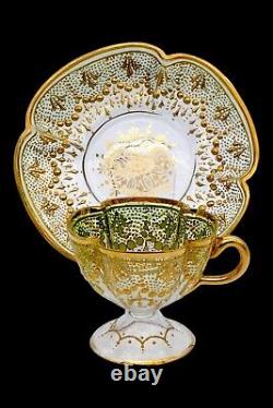 Moser Antique Tea Cup Set Quatrefoil Clear Cut to Green Heavy 14K Gilt Enameling