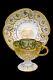 Moser Antique Tea Cup Set Quatrefoil Clear Cut To Green Heavy 14k Gilt Enameling