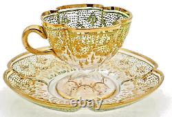 Moser Antique Tea Cup Set Quatrefoil Clear Cut to Green Heavy 14K Gilt Enameling