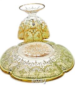 Moser Antique Tea Cup Set Quatrefoil Clear Cut to Green Heavy 14K Gilt Enameling