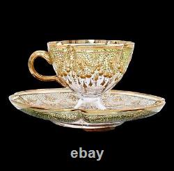 Moser Antique Tea Cup Set Quatrefoil Clear Cut to Green Heavy 14K Gilt Enameling