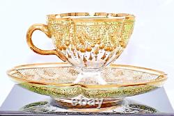 Moser Antique Tea Cup Set Quatrefoil Clear Cut to Green Heavy 14K Gilt Enameling