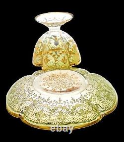 Moser Antique Tea Cup Set Quatrefoil Clear Cut to Green Heavy 14K Gilt Enameling