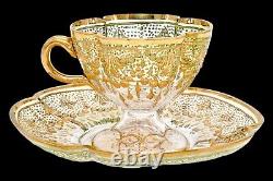 Moser Antique Tea Cup Set Quatrefoil Clear Cut to Green Heavy 14K Gilt Enameling