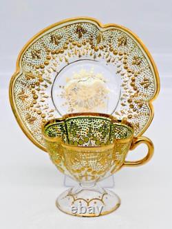 Moser Antique Tea Cup Set Quatrefoil Clear Cut to Green Heavy 14K Gilt Enameling