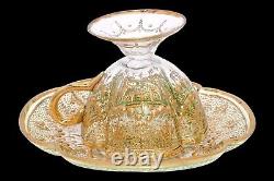 Moser Antique Tea Cup Set Quatrefoil Clear Cut to Green Heavy 14K Gilt Enameling