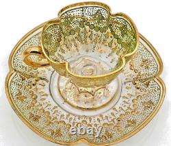 Moser Antique Tea Cup Set Quatrefoil Clear Cut to Green Heavy 14K Gilt Enameling
