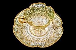 Moser Antique Tea Cup Set Quatrefoil Clear Cut to Green Heavy 14K Gilt Enameling