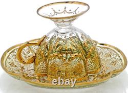 Moser Antique Tea Cup Set Quatrefoil Clear Cut to Green Heavy 14K Gilt Enameling
