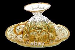 Moser Antique Tea Cup Set Quatrefoil Clear Cut to Green Heavy 14K Gilt Enameling