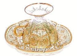 Moser Antique Tea Cup Set Quatrefoil Clear Cut to Green Heavy 14K Gilt Enameling