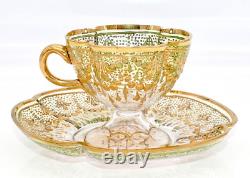 Moser Antique Tea Cup Set Quatrefoil Clear Cut to Green Heavy 14K Gilt Enameling