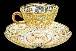 Moser Antique Tea Cup Set Quatrefoil Clear Cut to Green Heavy 14K Gilt Enameling
