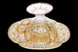 Moser Antique Tea Cup Set Quatrefoil Clear Cut to Green Heavy 14K Gilt Enameling