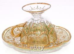 Moser Antique Tea Cup Set Quatrefoil Clear Cut to Green Heavy 14K Gilt Enameling