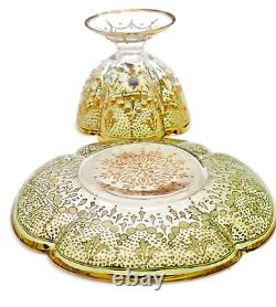 Moser Antique Tea Cup Set Quatrefoil Clear Cut to Green Heavy 14K Gilt Enameling