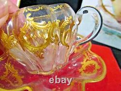 Moser Bohemian Raised Gold Floral Scroll Quatrefoil Demitasse tea Cup & Saucer