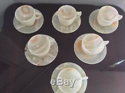 NEW Rare Artisan-Carved Onyx Marble Stone Tea Set of 6 Cups and Saucers Gift