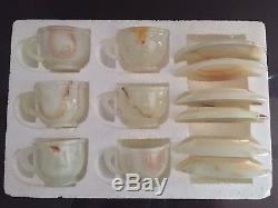NEW Rare Artisan-Carved Onyx Marble Stone Tea Set of 6 Cups and Saucers Gift