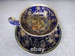 Nippon Cobalt Blue Heavy Gold Beaded Hand Painted Pedestal Demitasse Teacup Set