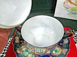 Nippon tea cup and saucer cobalt blue gold gilt covered lid teacup Japan footed