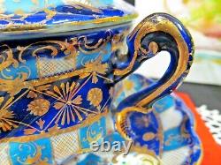 Nippon tea cup and saucer cobalt blue gold gilt covered lid teacup Japan footed