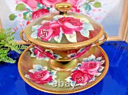 Nippon tea cup and saucer painted double handle teacup pink roses raised gold