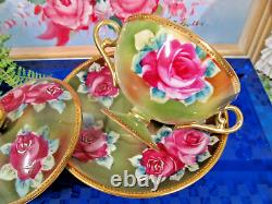 Nippon tea cup and saucer painted double handle teacup pink roses raised gold