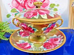 Nippon tea cup and saucer painted double handle teacup pink roses raised gold