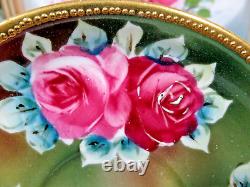 Nippon tea cup and saucer painted double handle teacup pink roses raised gold
