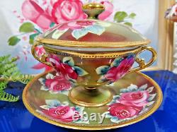 Nippon tea cup and saucer painted double handle teacup pink roses raised gold