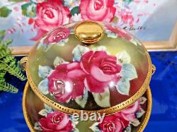 Nippon tea cup and saucer painted double handle teacup pink roses raised gold