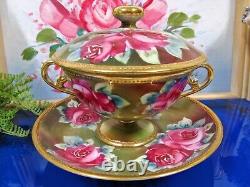 Nippon tea cup and saucer painted double handle teacup pink roses raised gold