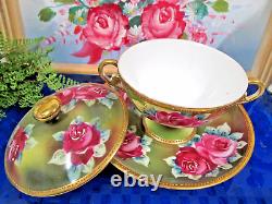 Nippon tea cup and saucer painted double handle teacup pink roses raised gold