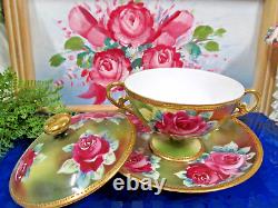 Nippon tea cup and saucer painted double handle teacup pink roses raised gold