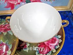 Nippon tea cup and saucer painted double handle teacup pink roses raised gold