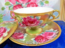 Nippon tea cup and saucer painted double handle teacup pink roses raised gold