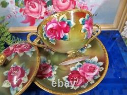 Nippon tea cup and saucer painted double handle teacup pink roses raised gold